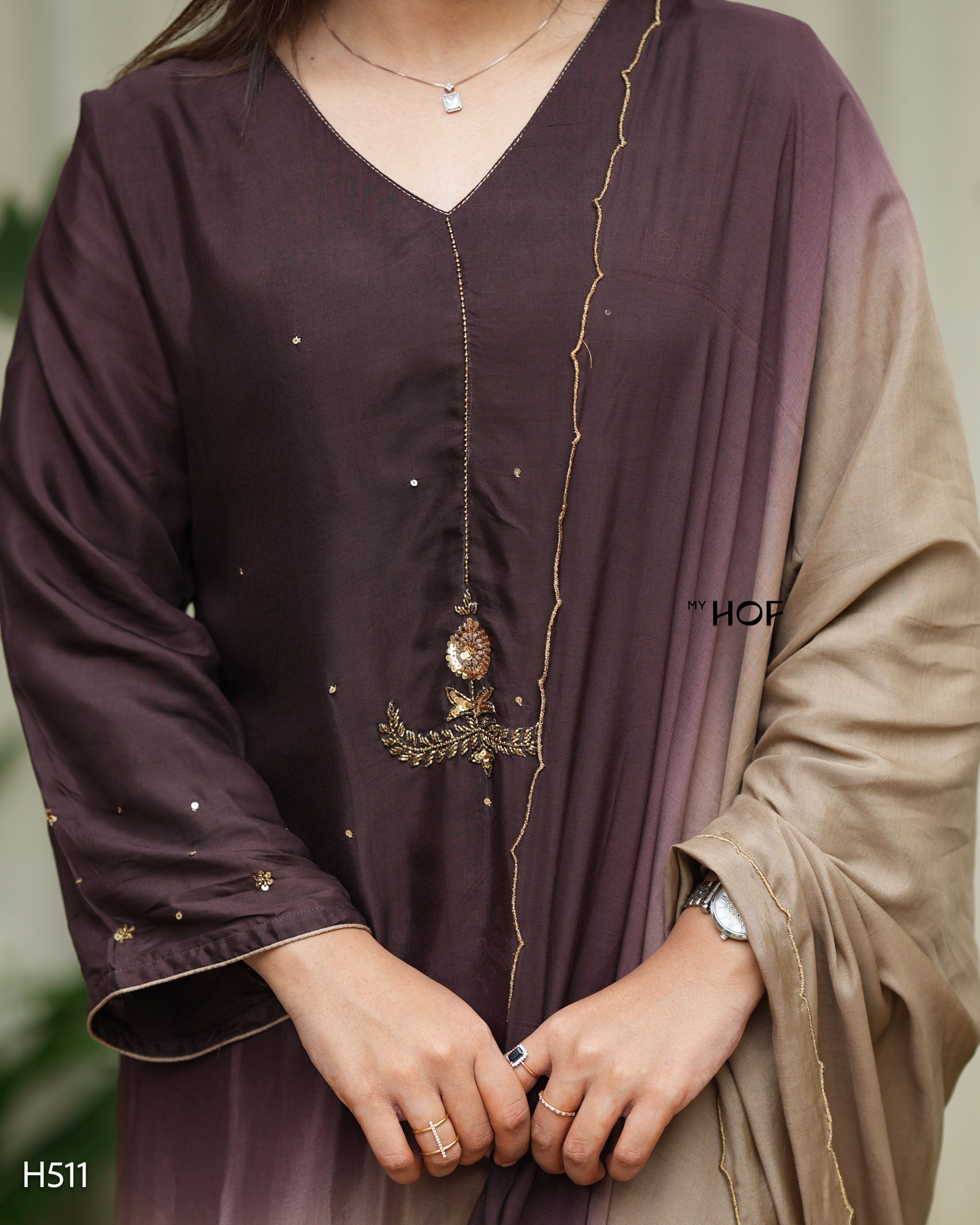 MY HOF Brown And Cream Dual Shade Suit Set With Hand Embroidery In Muslin