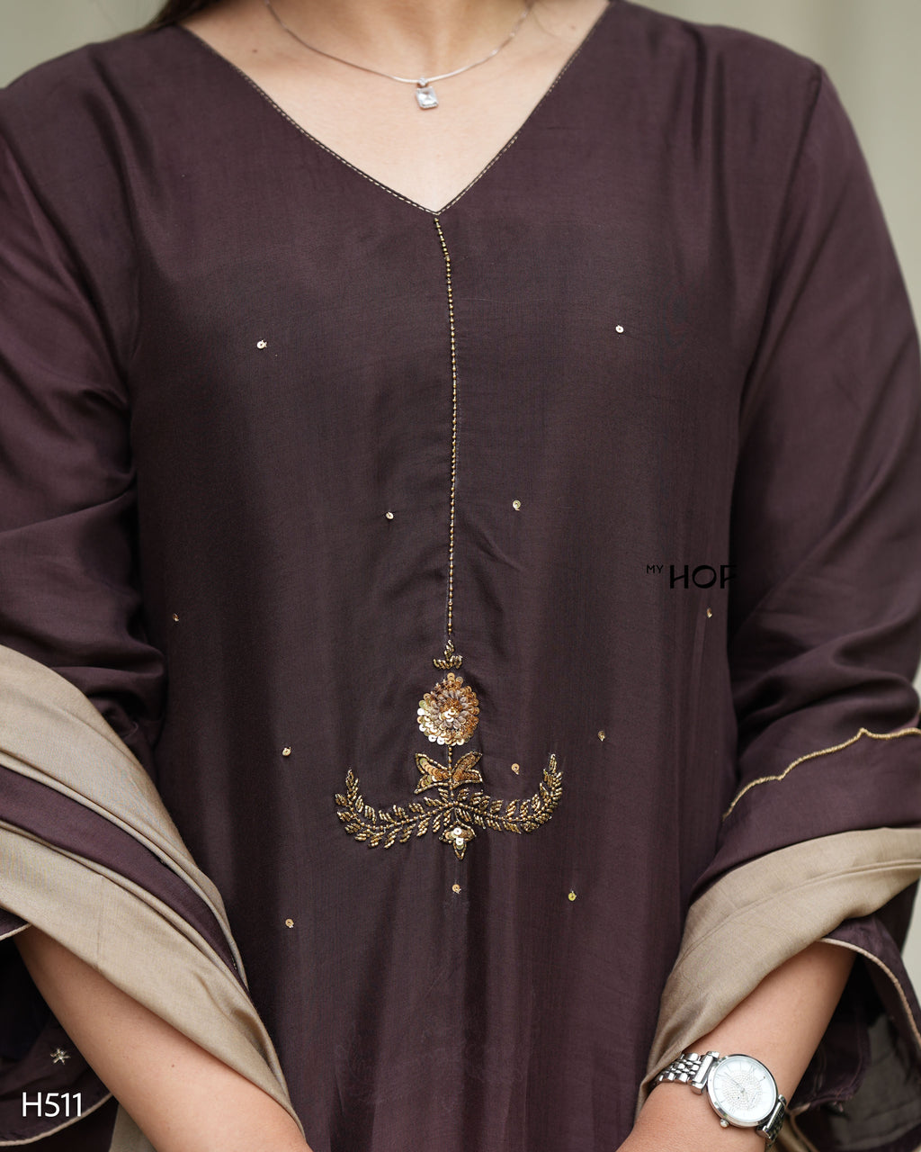 MY HOF Brown And Cream Dual Shade Suit Set With Hand Embroidery In Muslin