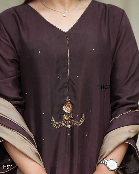 MY HOF Brown And Beige Dual Shade Suit Set With Hand Embroidery In Muslin