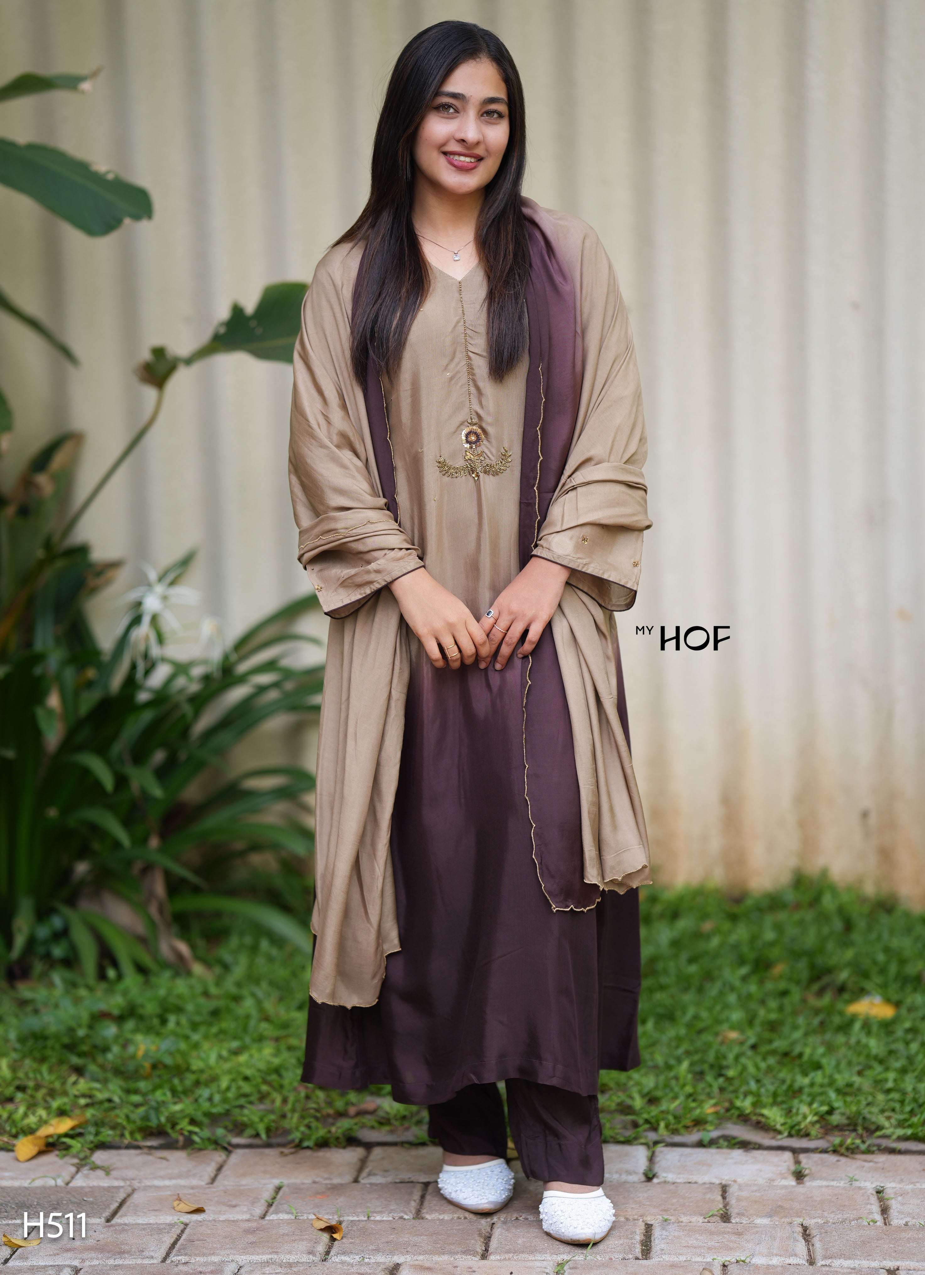 MY HOF Beige and Brown Dual Shade Suit Set With Hand Embroidery In Muslin