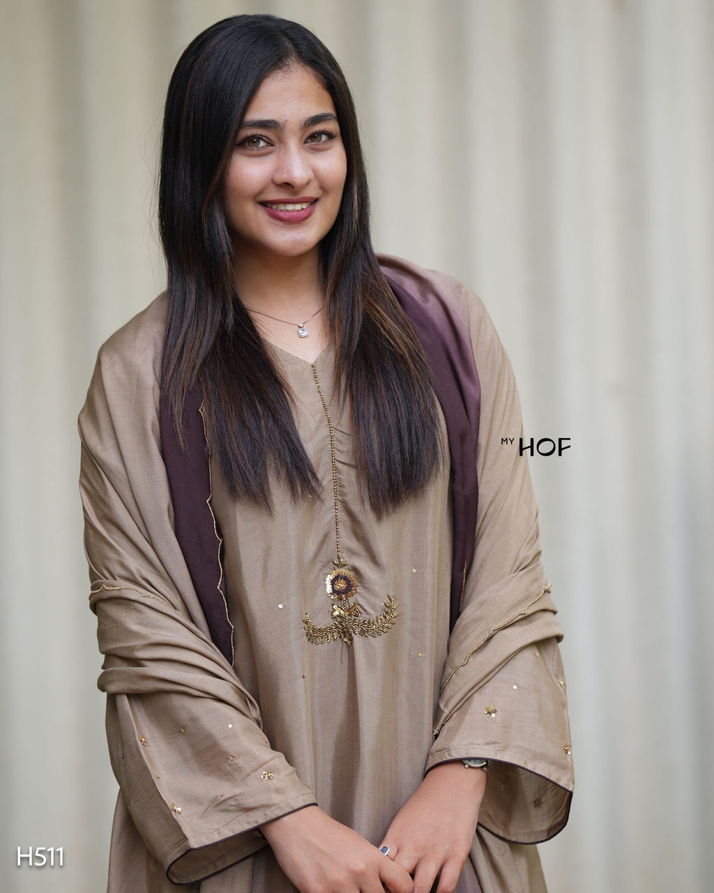MY HOF Beige and Brown Dual Shade Suit Set With Hand Embroidery In Muslin