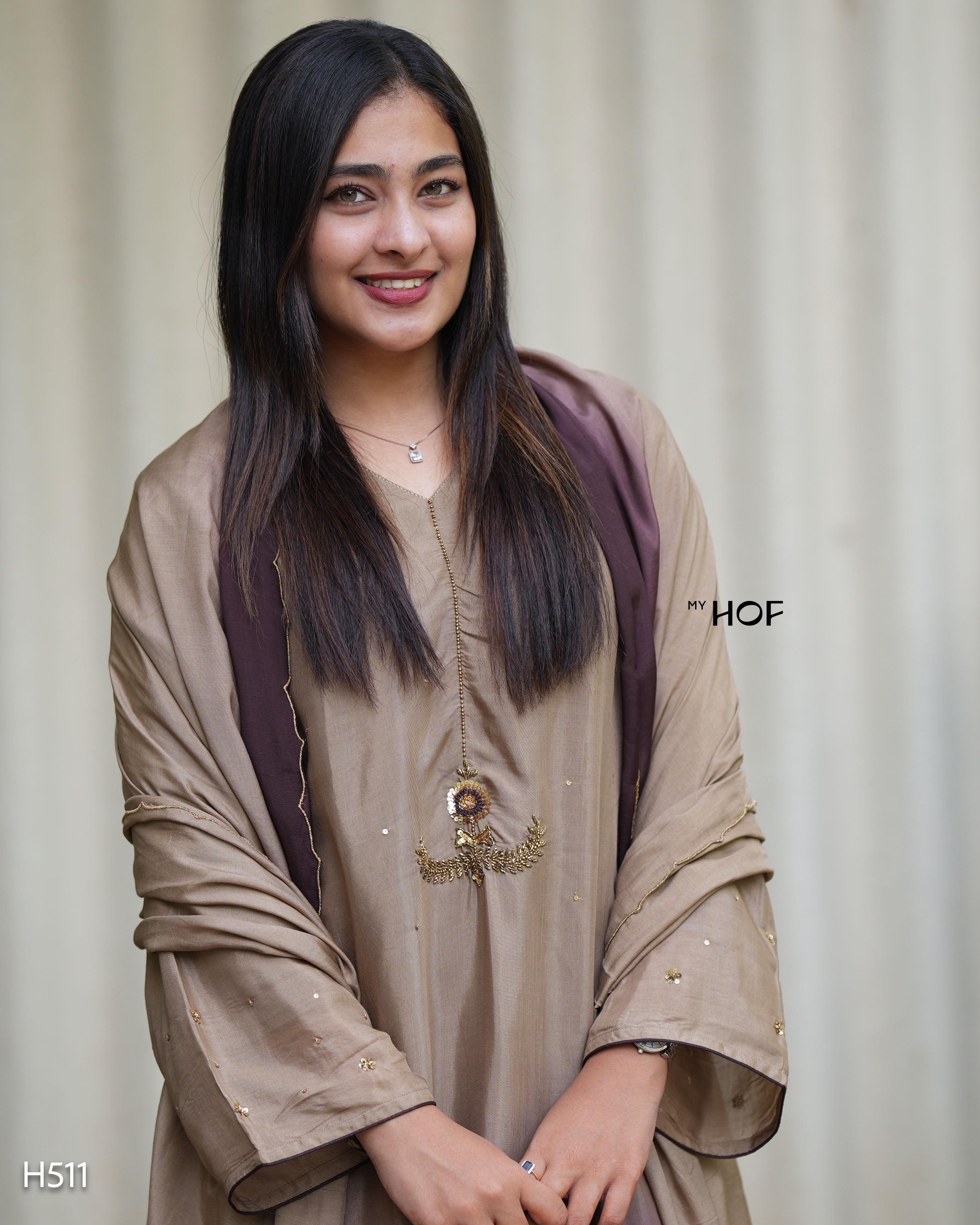 MY HOF Beige and Brown Dual Shade Suit Set With Hand Embroidery In Muslin