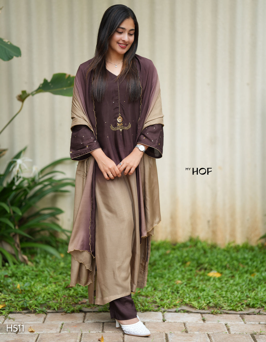 MY HOF Brown And Cream Dual Shade Suit Set With Hand Embroidery In Muslin