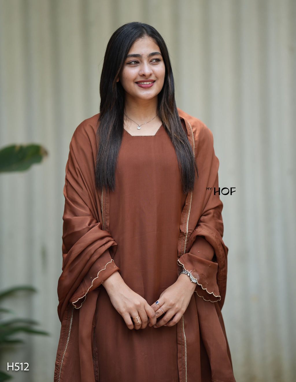 MY HOF Brown Suit Set With Hand Embroidery in Organza