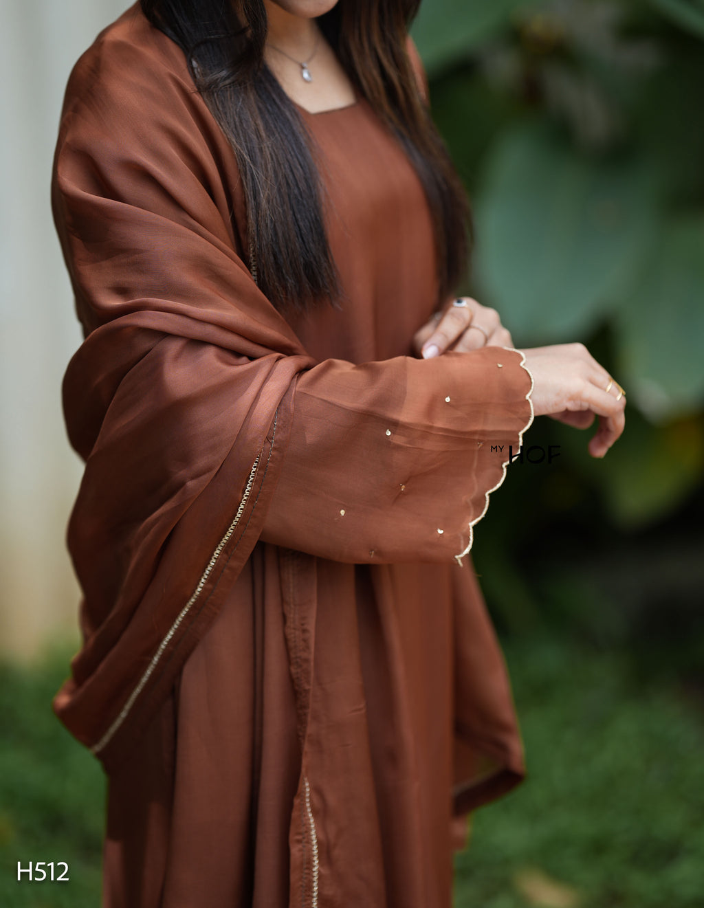 MY HOF Brown Suit Set With Hand Embroidery in Organza