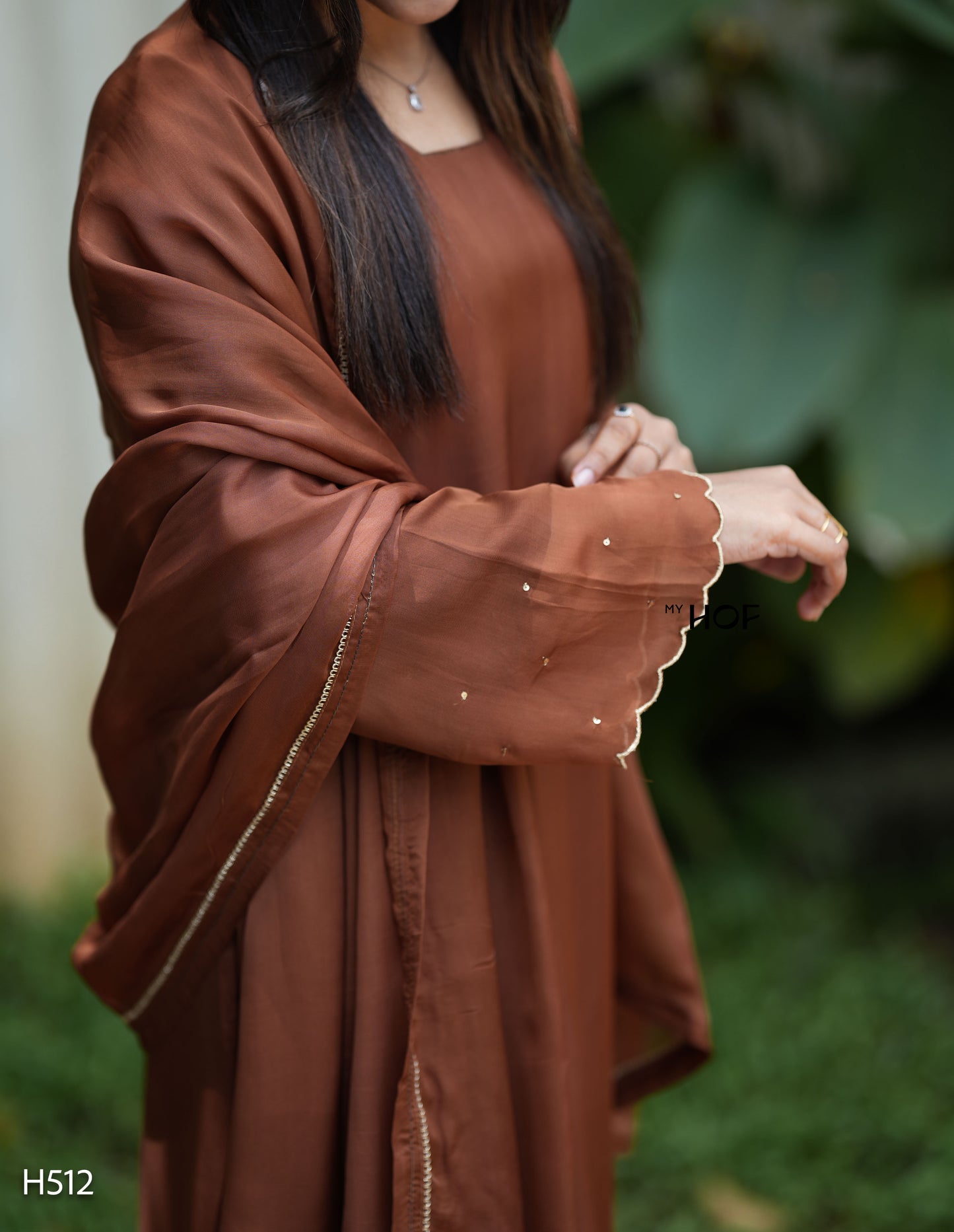 MY HOF Deep Brown Suit Set With Hand Embroidery in Organza