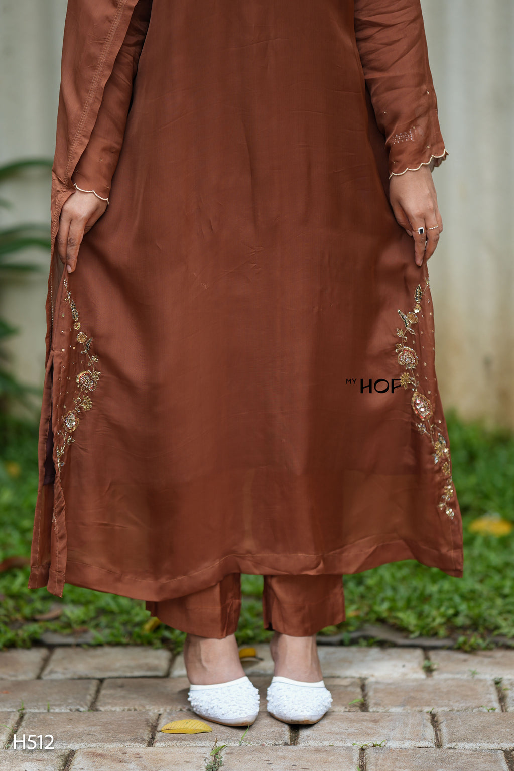 MY HOF Brown Suit Set With Hand Embroidery in Organza
