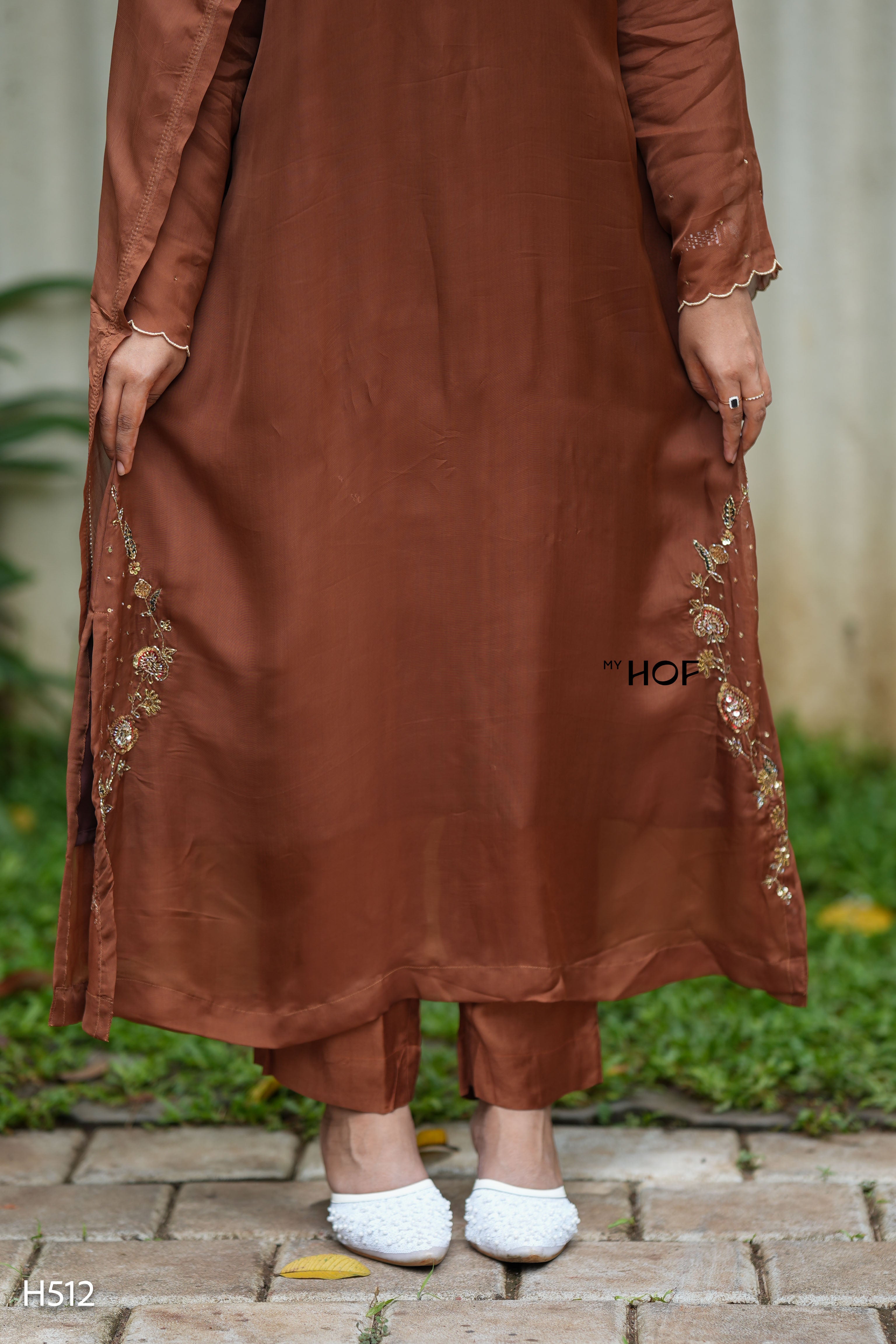 MY HOF Brown Suit Set With Hand Embroidery in Organza