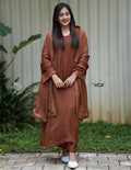 MY HOF Brown Suit Set With Hand Embroidery in Organza