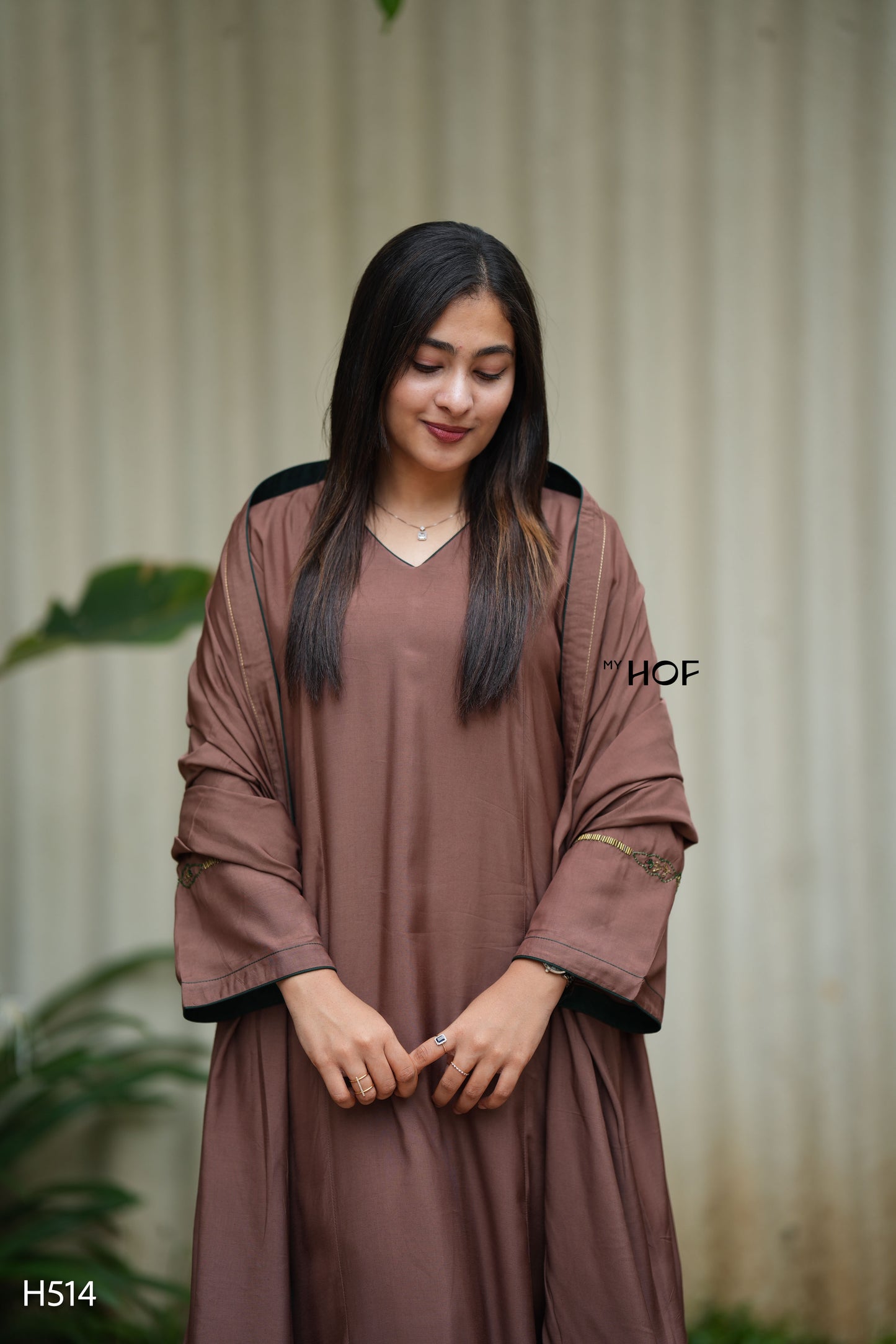 MY HOF Brown Suit Set With Hand Embroidery In Muslin
