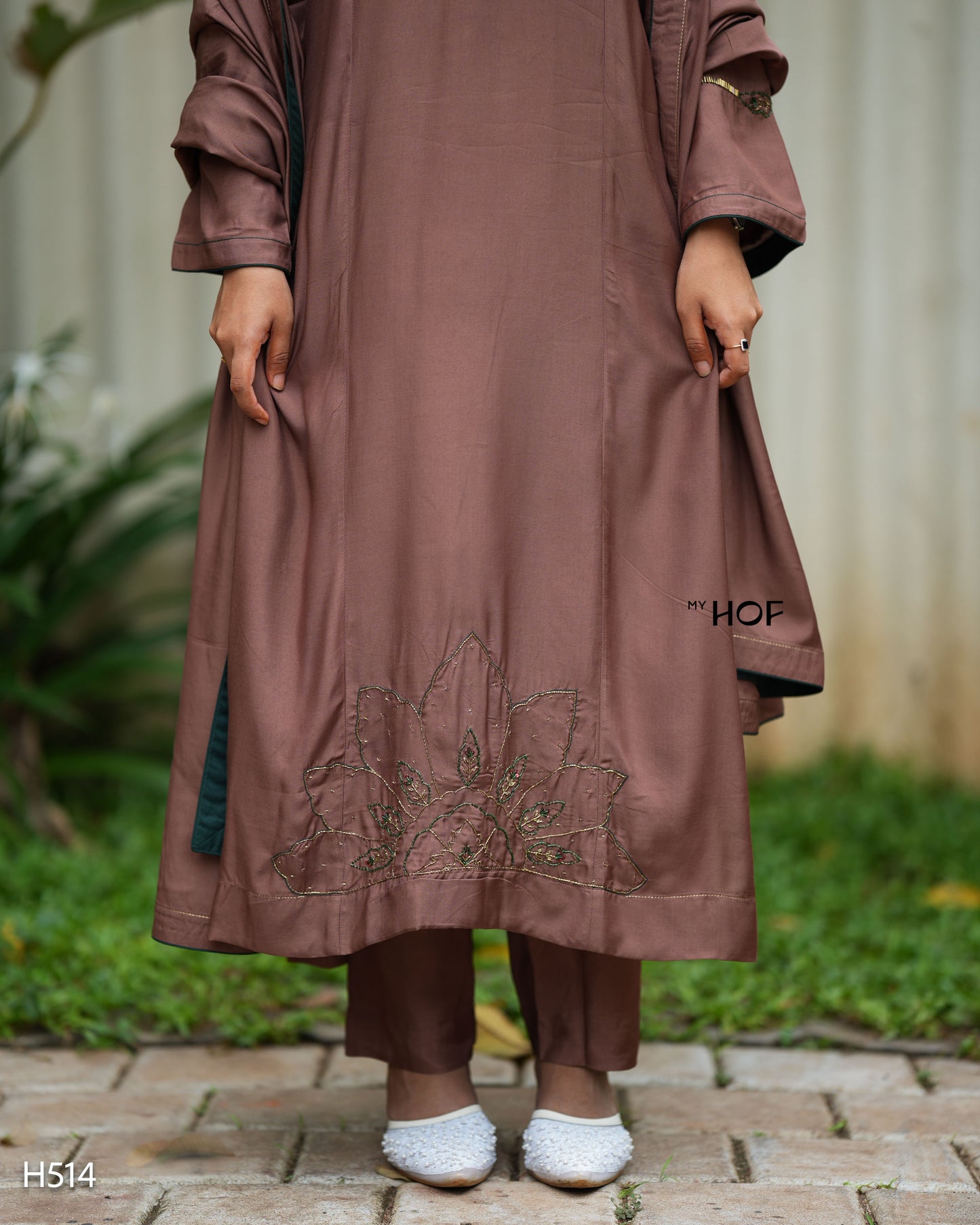MY HOF Brown Suit Set With Hand Embroidery In Muslin