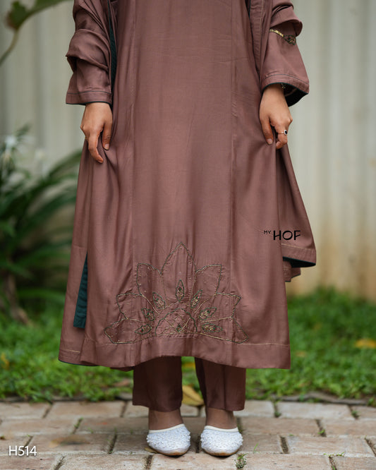 MY HOF Brown Suit Set With Hand Embroidery In Muslin