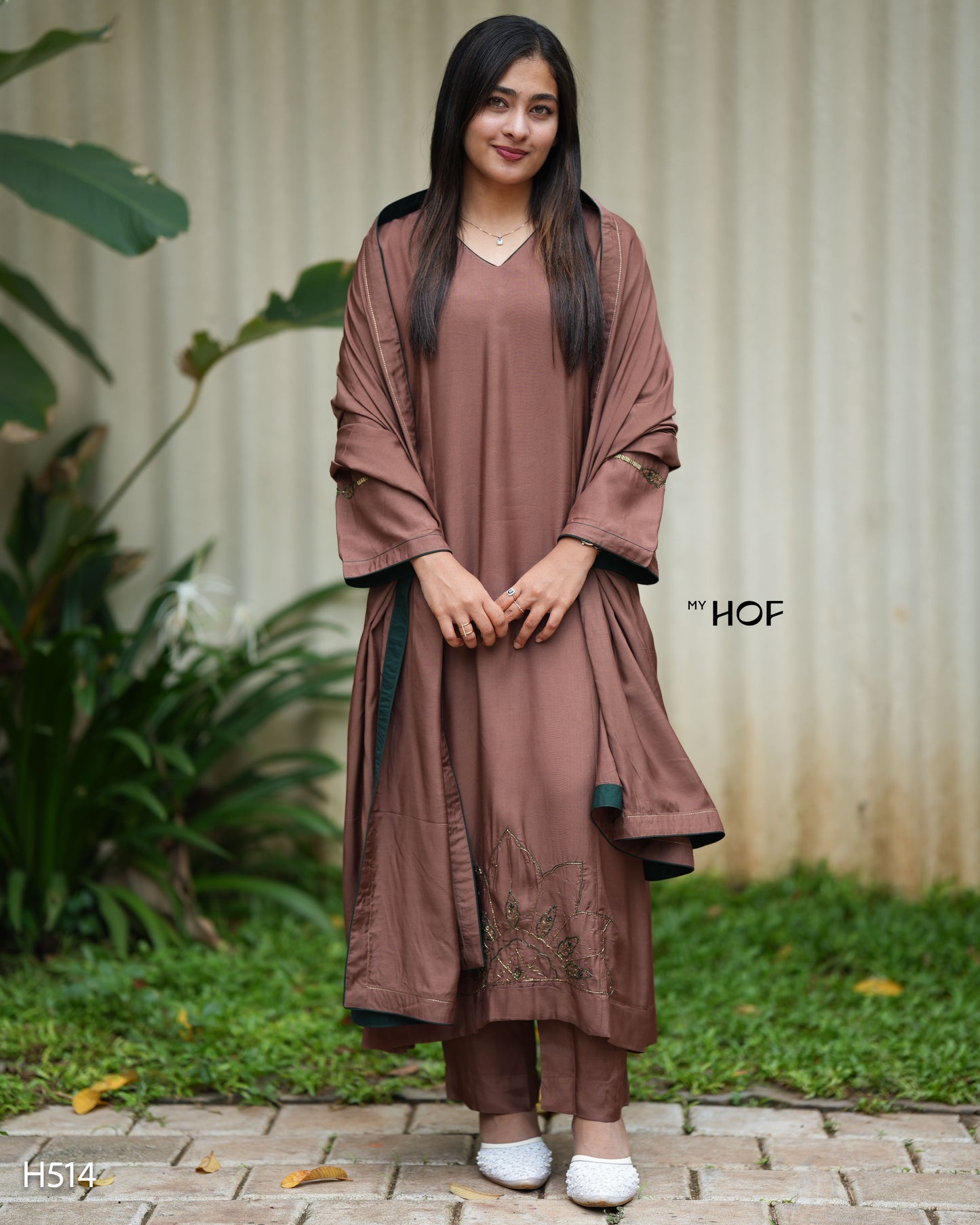 MY HOF Brown Suit Set With Hand Embroidery In Muslin