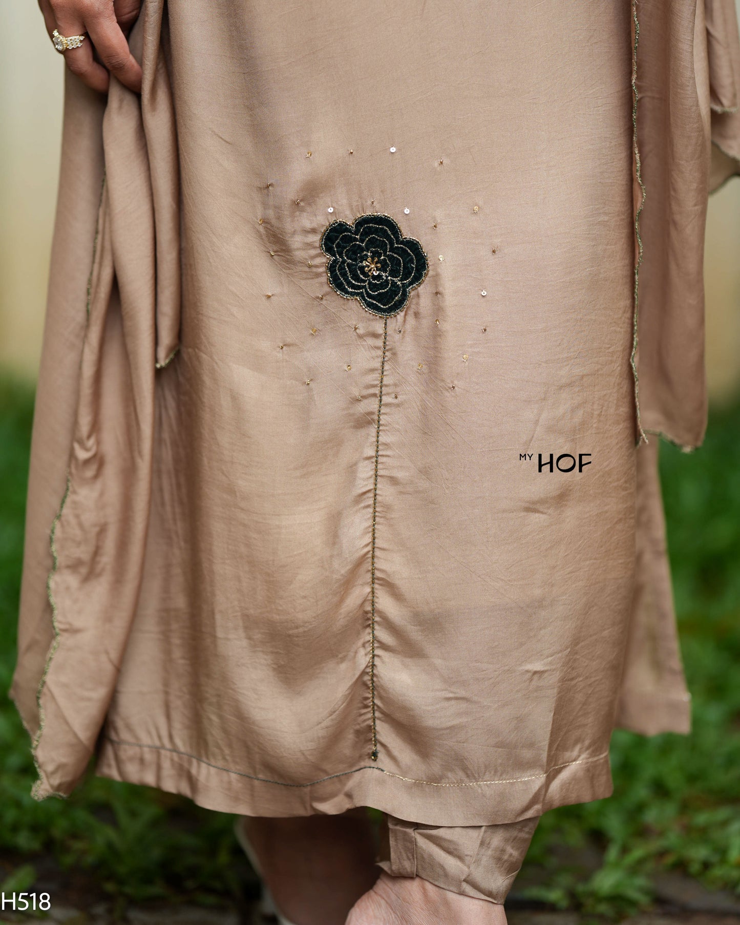 MY HOF Chikku Suit Set With Hand Embroidery In Muslin