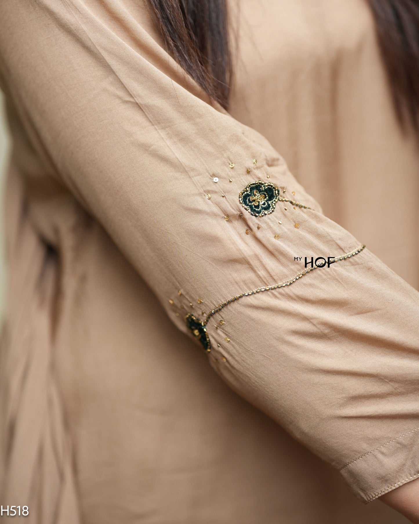 MY HOF Chikku Suit Set With Hand Embroidery In Muslin