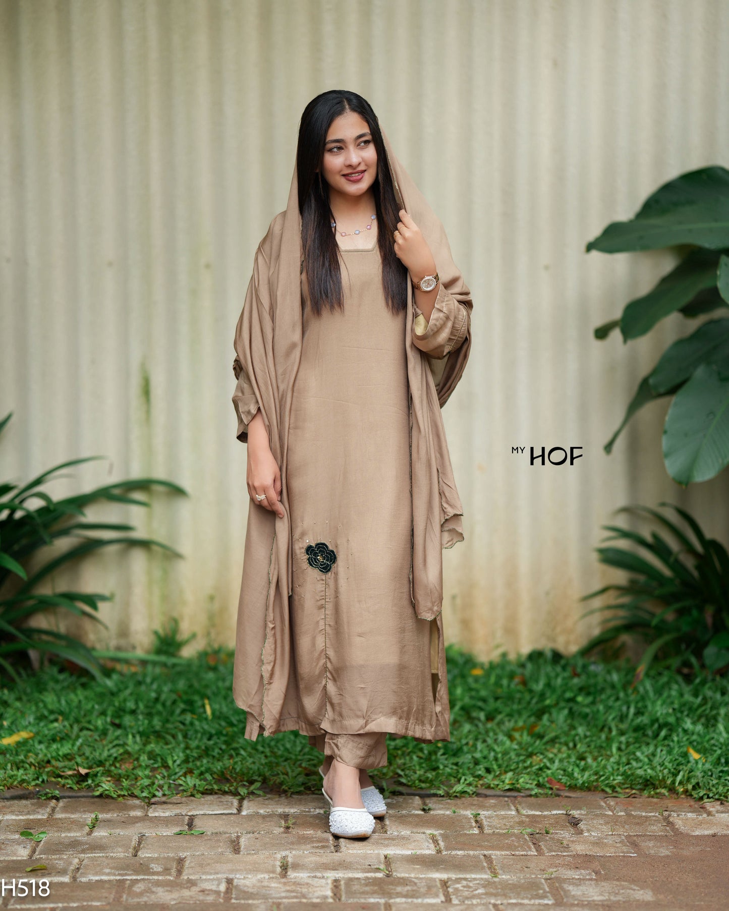 MY HOF Chikku Suit Set With Hand Embroidery In Muslin