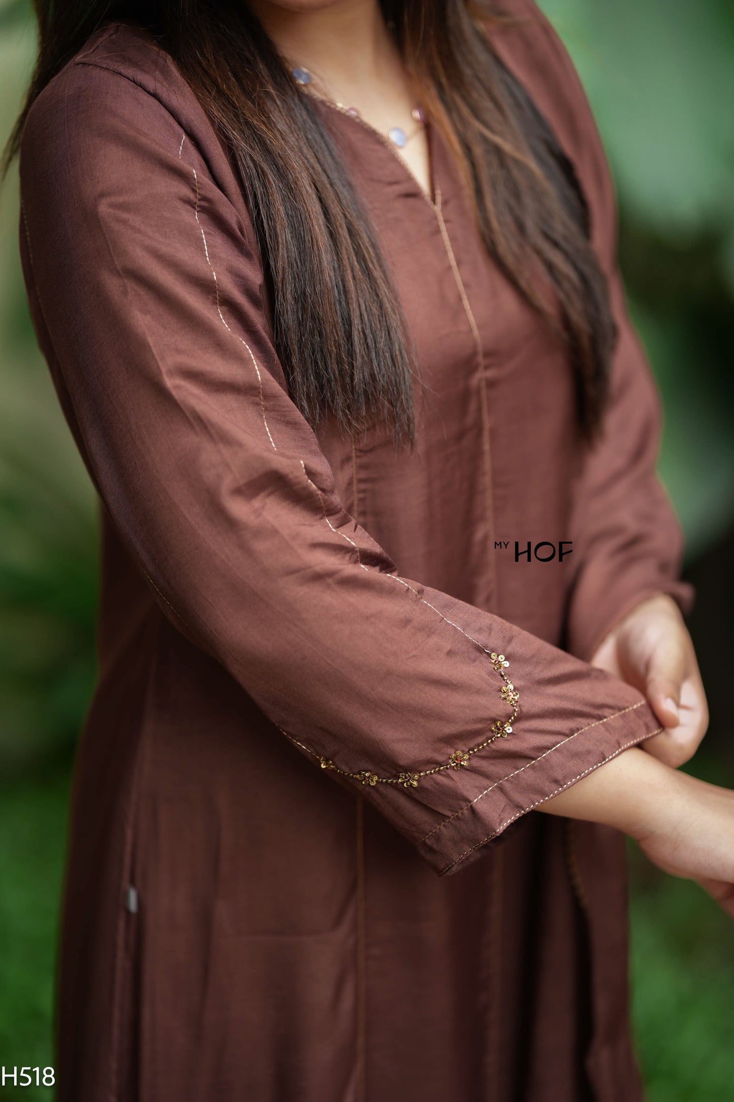 MY HOF Brown Suit Set With Hand Embroidery In Muslin