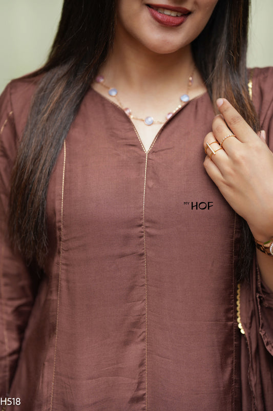 MY HOF Brown Suit Set With Hand Embroidery In Muslin