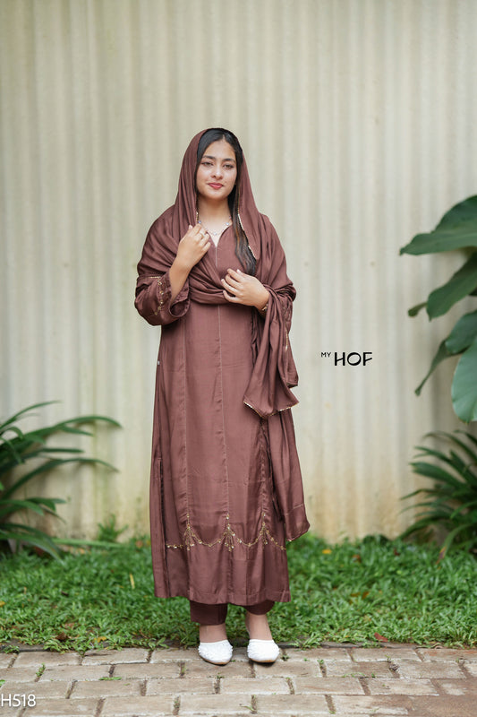 MY HOF Brown Suit Set With Hand Embroidery In Muslin