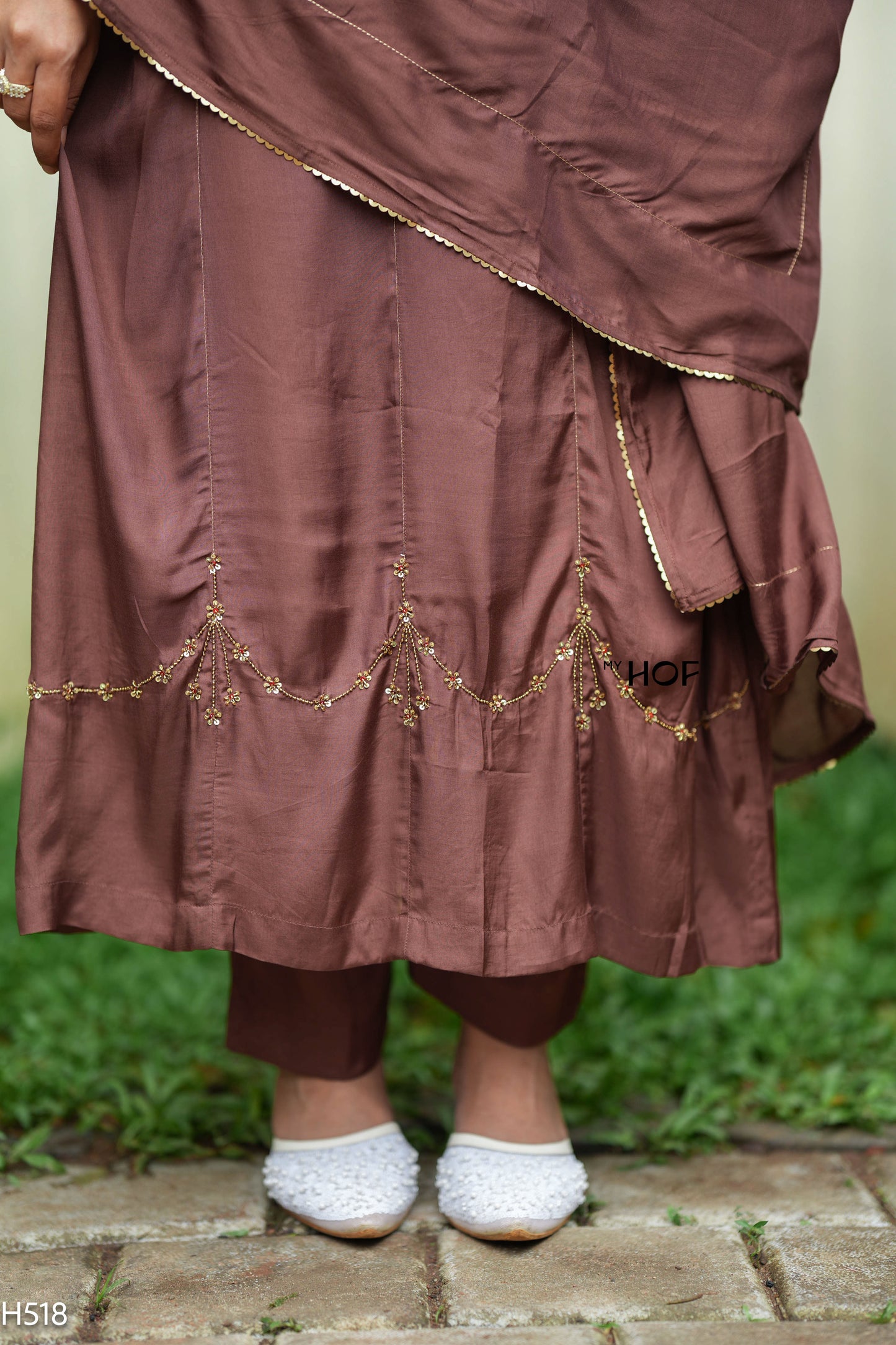 MY HOF Brown Suit Set With Hand Embroidery In Muslin