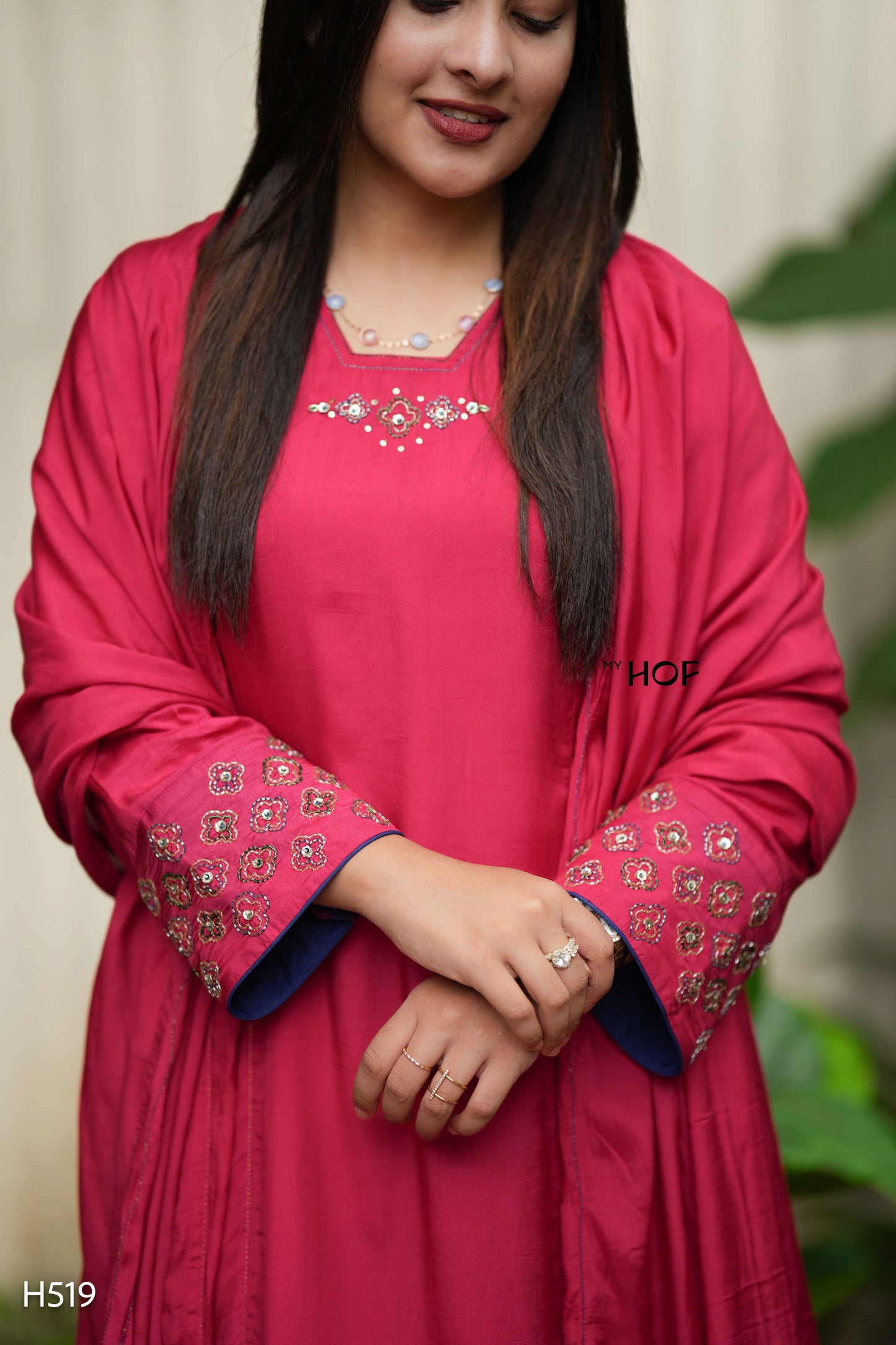 MY HOF Rani Red Suit Set With Hand Embroidery in Muslin