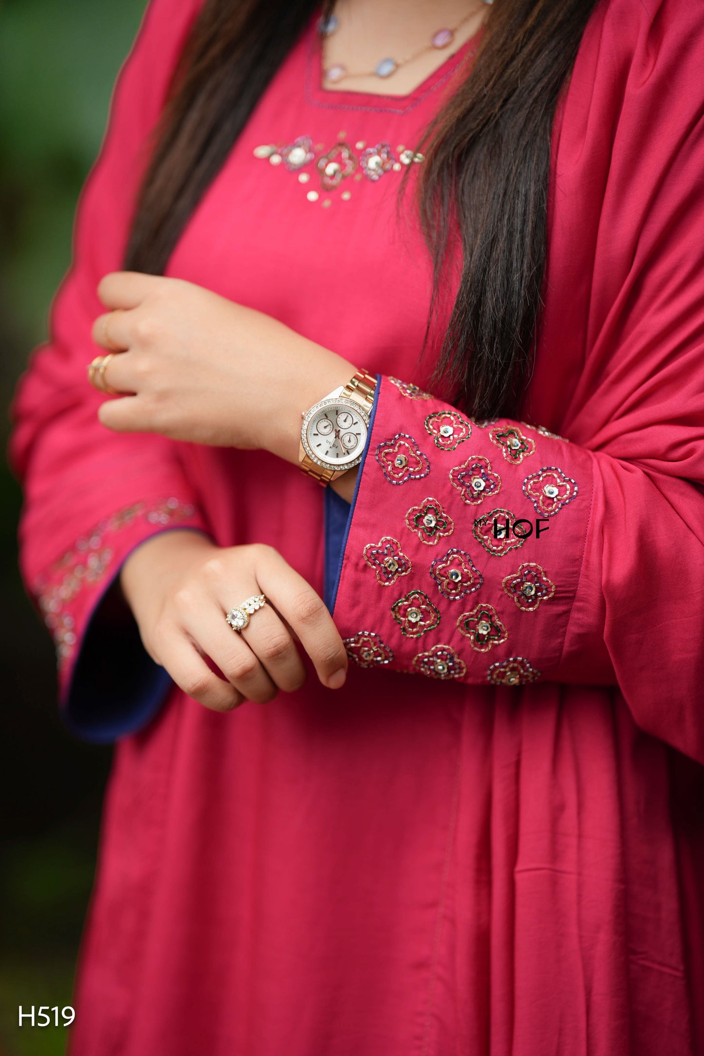 MY HOF Rani Red Suit Set With Hand Embroidery in Muslin
