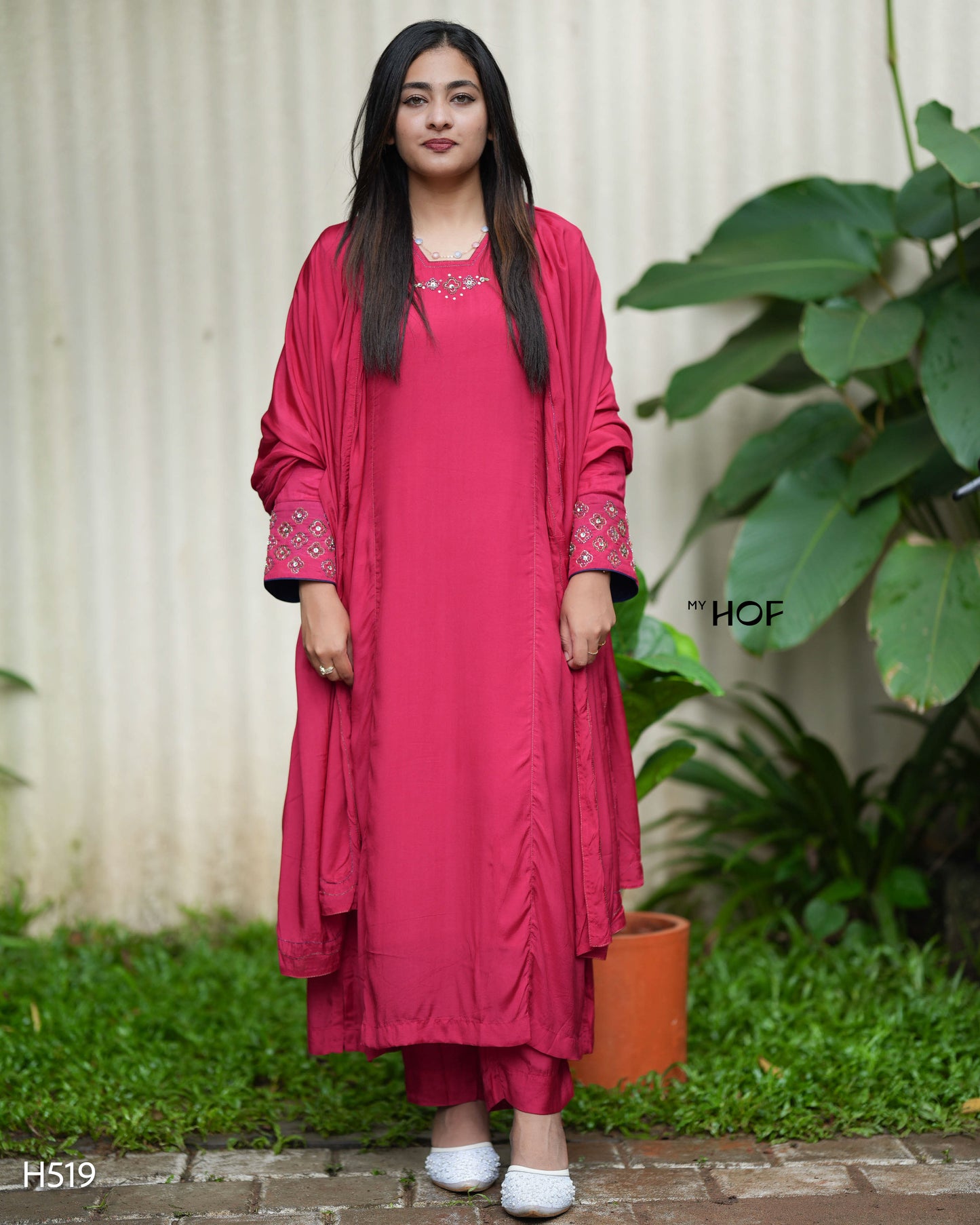 MY HOF Rani Red Suit Set With Hand Embroidery in Muslin
