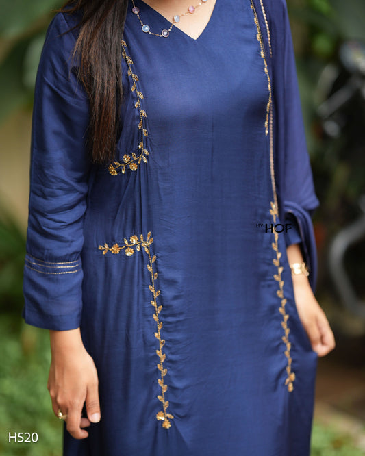 MY HOF Navy Blue Suit Set With Hand Embroidery In Muslin (H520)