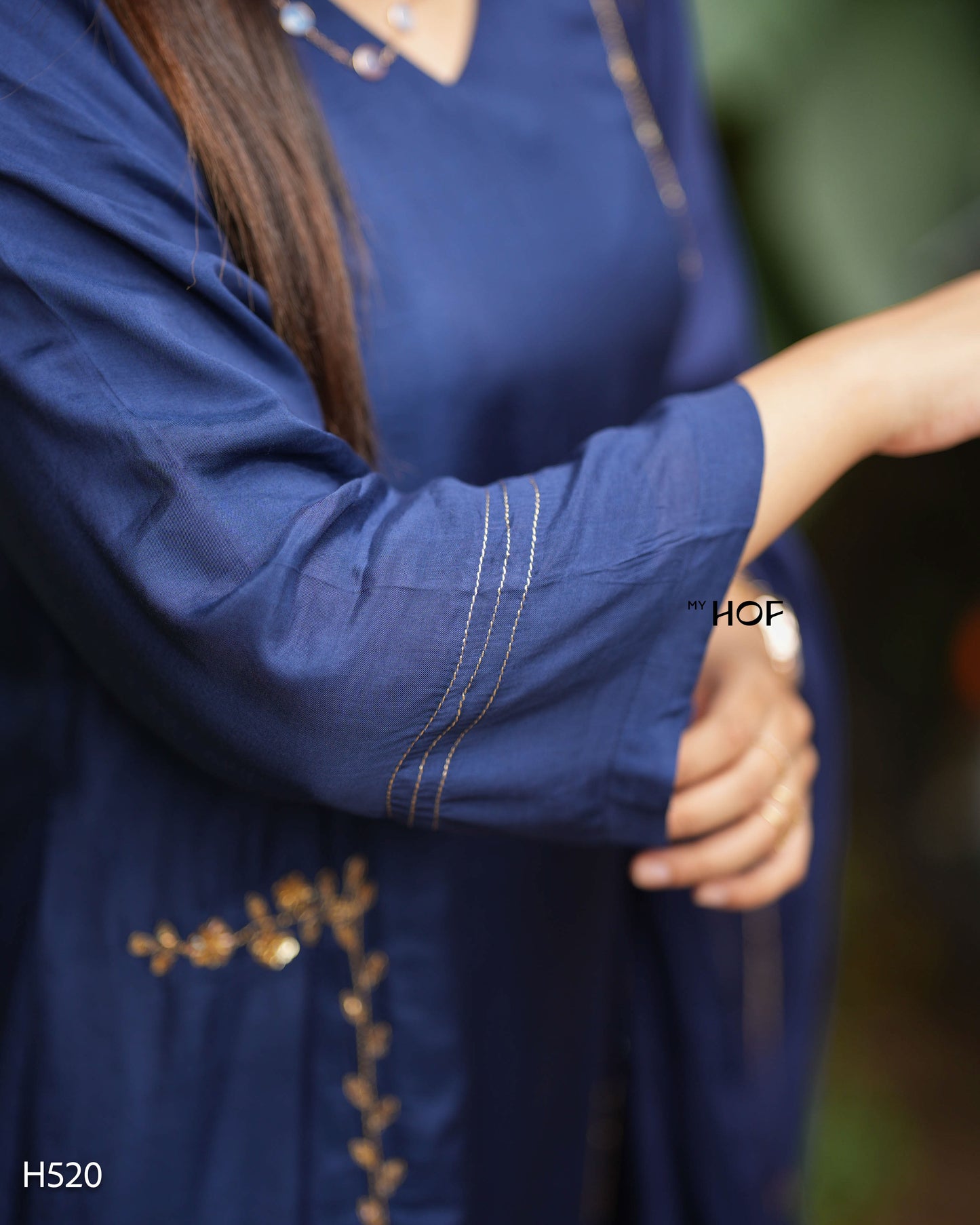 MY HOF Navy Blue Suit Set With Hand Embroidery In Muslin (H520)