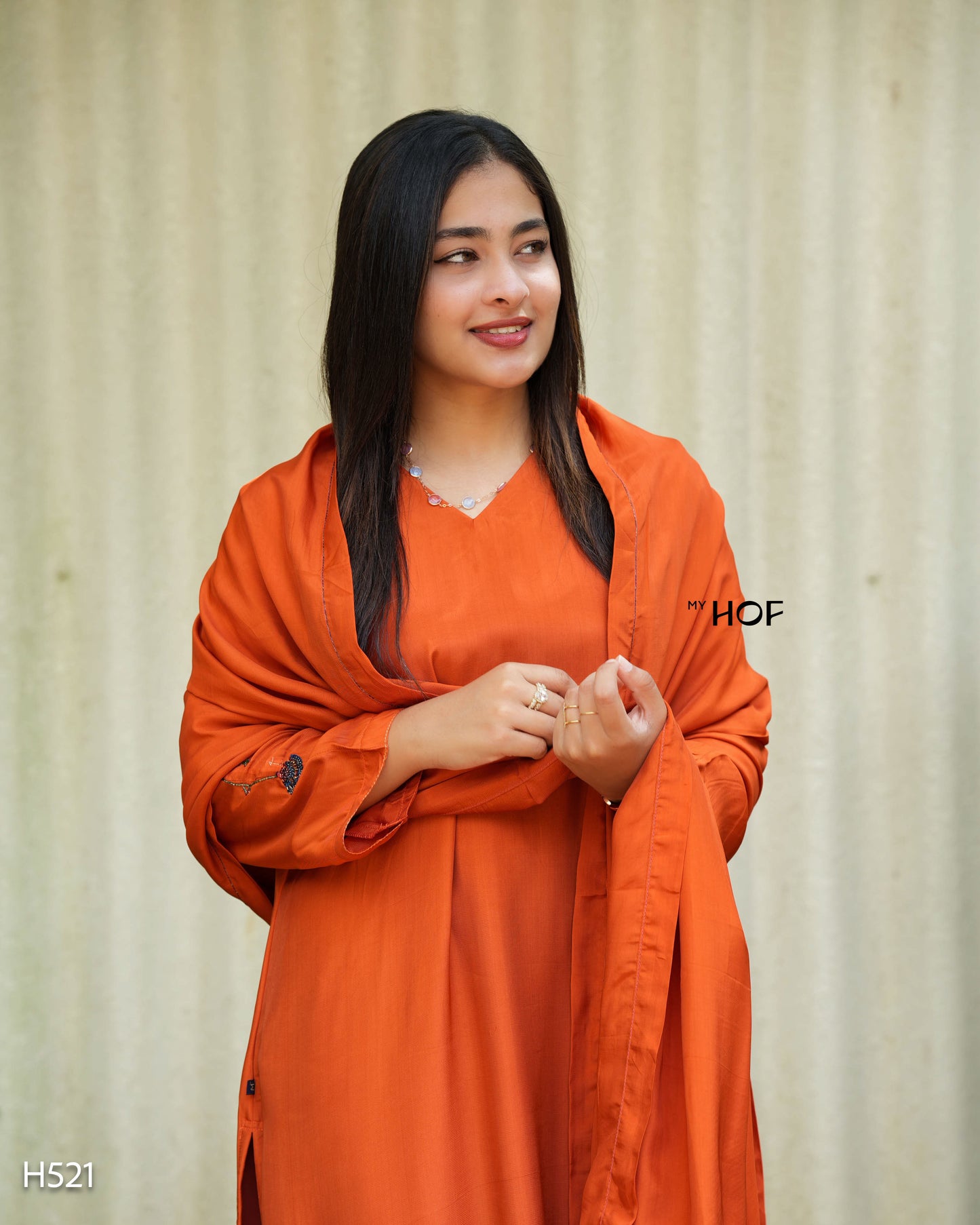 MY HOF Brick Orange Suit Set With Hand Embroidery In Crepe(H521)