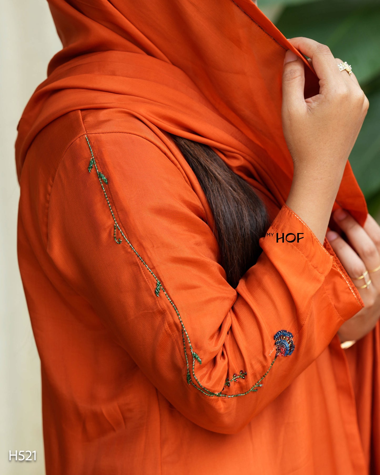 MY HOF Brick Orange Suit Set With Hand Embroidery In Crepe(H521)