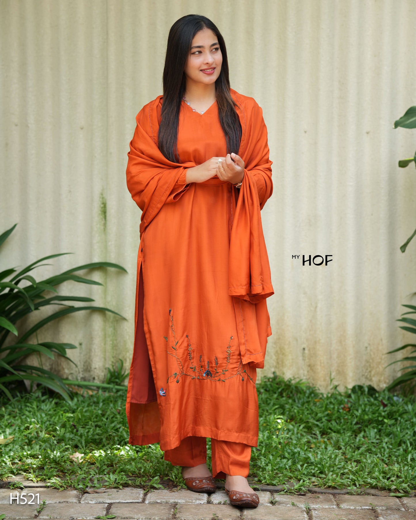 MY HOF Brick Orange Suit Set With Hand Embroidery In Crepe(H521)