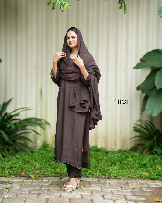 MY HOF coffee Brown Suit Set With Hand Embroidery In Crepe (H522)
