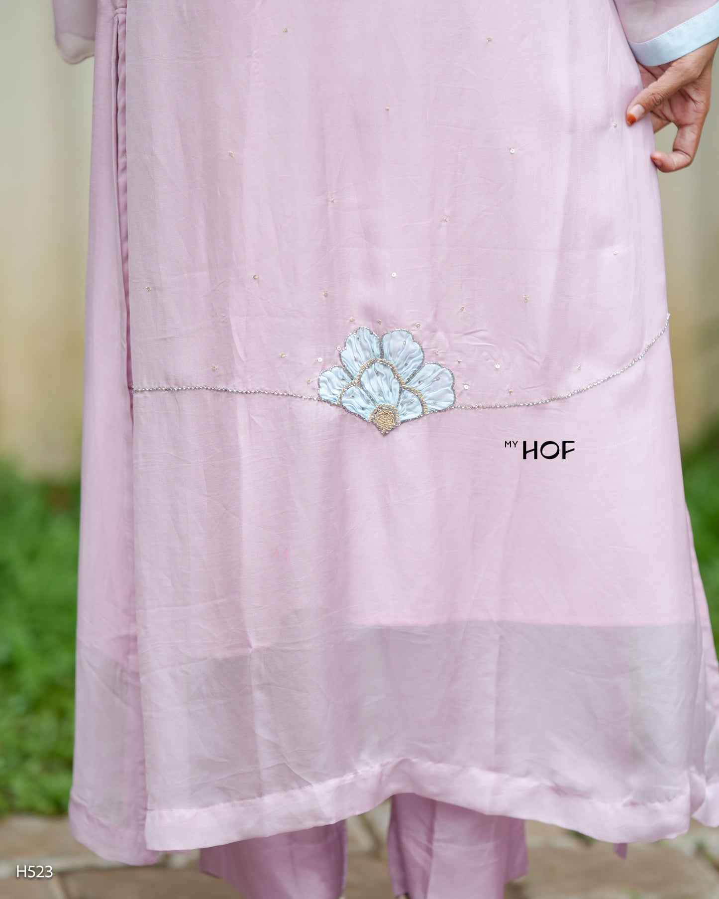 MY HOF Dusty Pink Suit Set With Hand Embroidery In Organza (523)