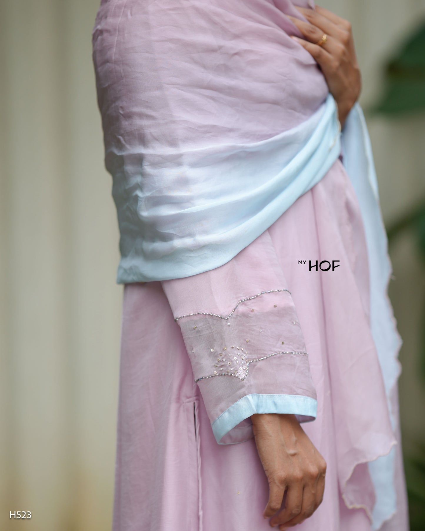 MY HOF Dusty Pink Suit Set With Hand Embroidery In Organza (523)
