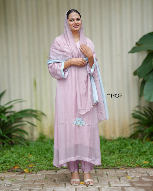 MY HOF Dusty Pink Suit Set With Hand Embroidery In Organza (523)