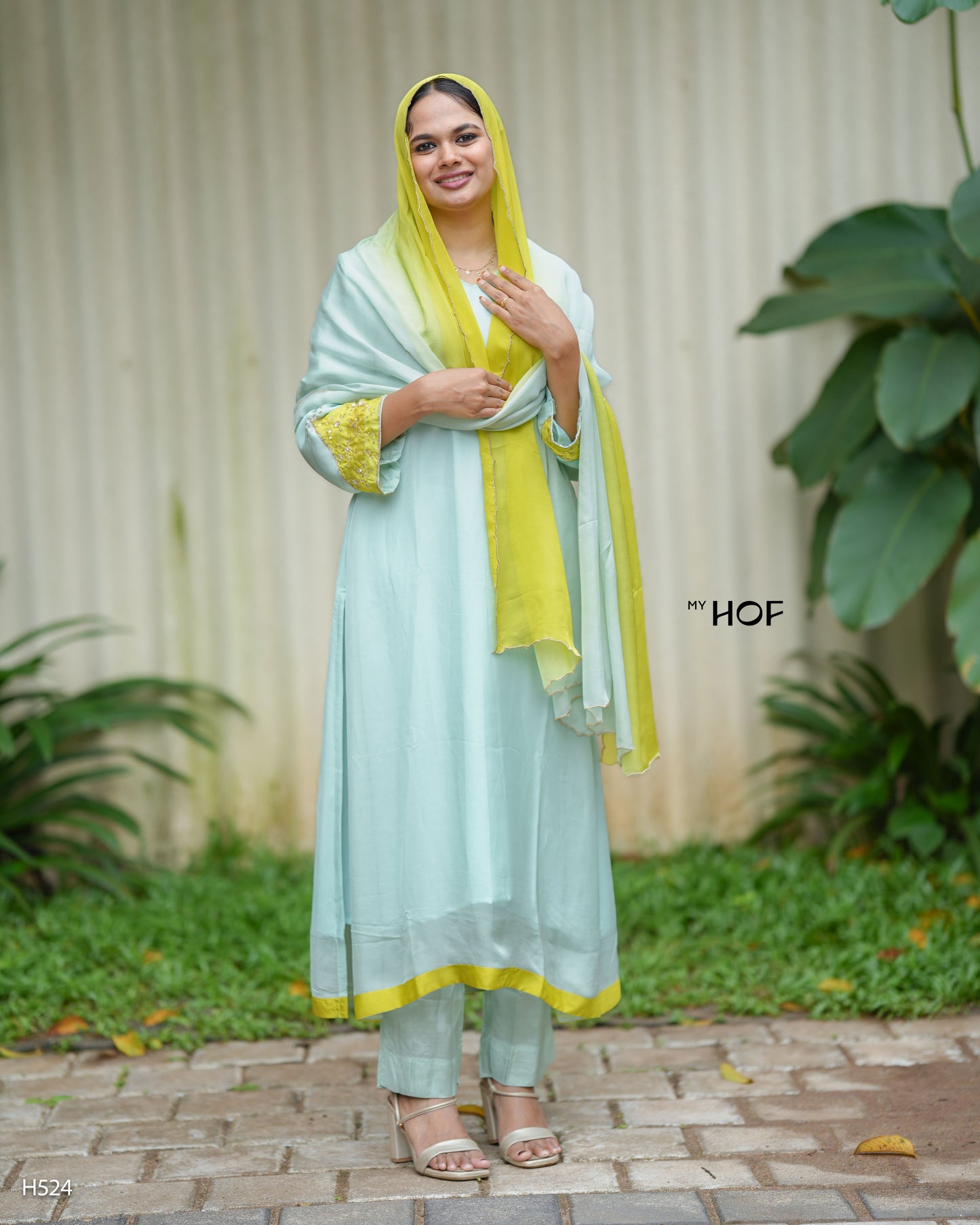 MY HOF Sea Green Suit Set With Hand Embroidery In Organza (H524)