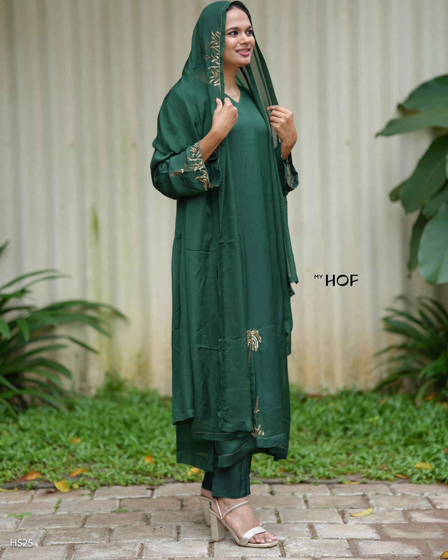 MY HOF Bottle Green Suit Set With Hand Embroidery In Organza (H525)