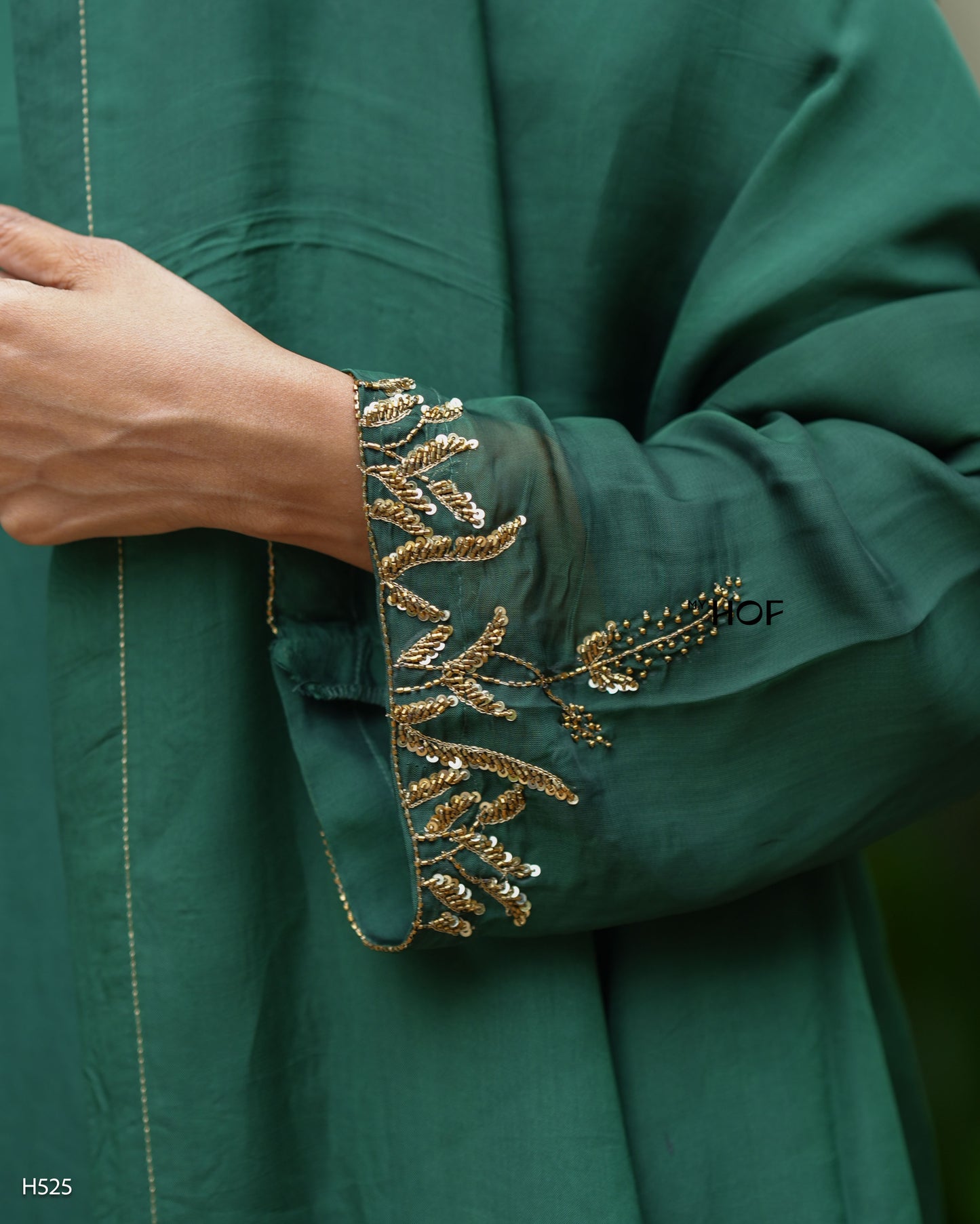 MY HOF Bottle Green Suit Set With Hand Embroidery In Organza (H525)