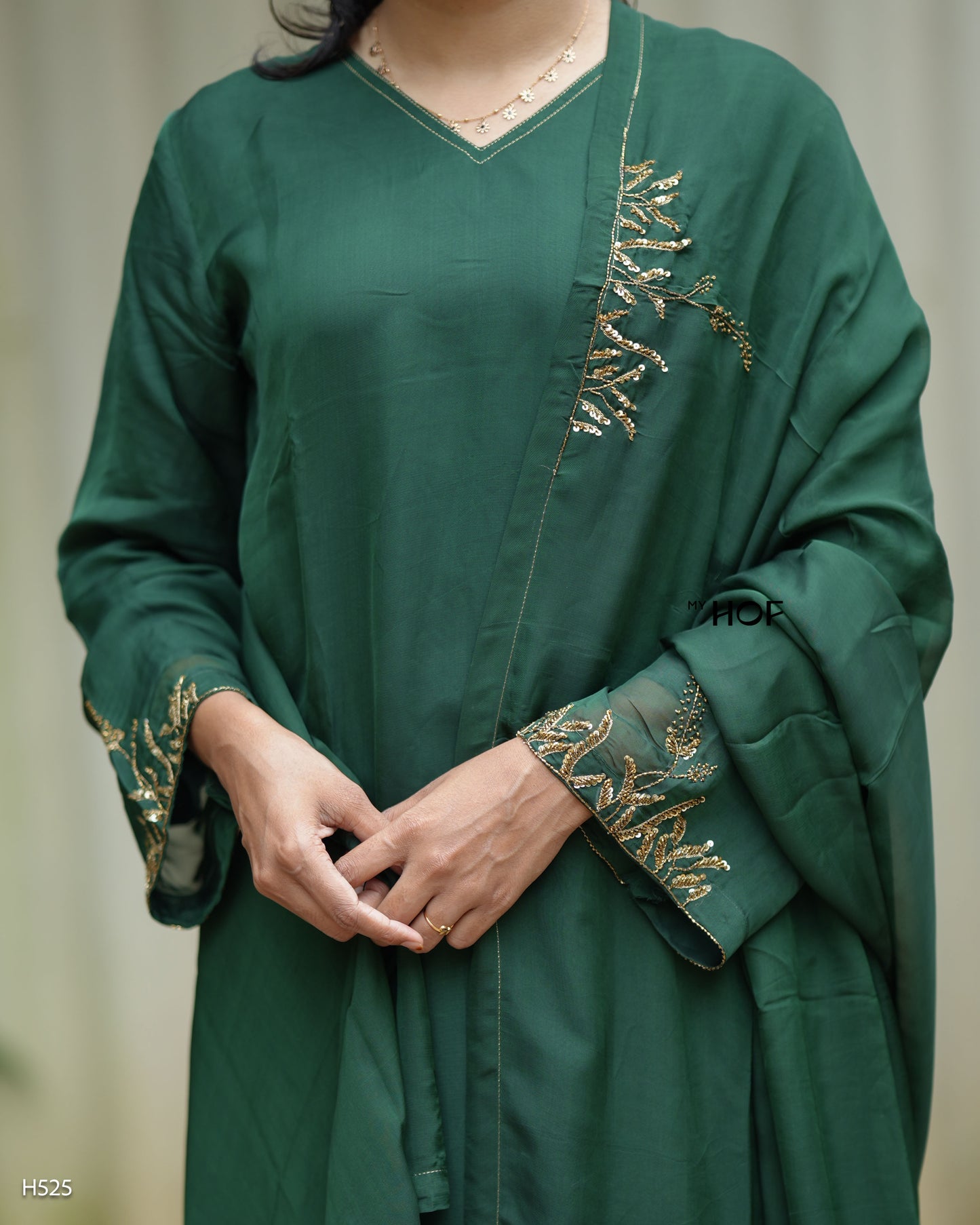 MY HOF Bottle Green Suit Set With Hand Embroidery In Organza (H525)