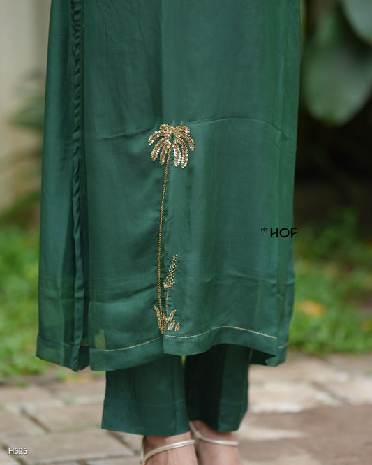 MY HOF Bottle Green Suit Set With Hand Embroidery In Organza (H525)