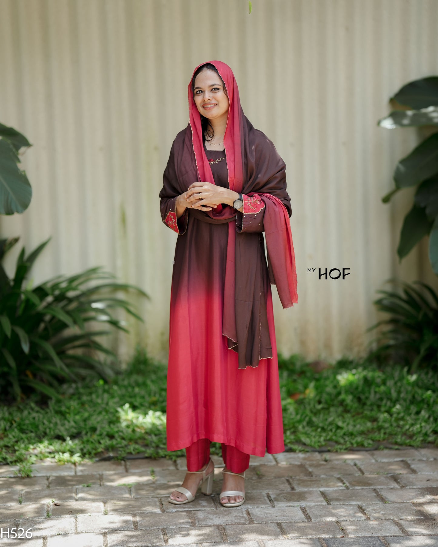 MY HOF Brown And Maroon Dual Shade Suit Set With Hand Embroidery In Muslin (H526)