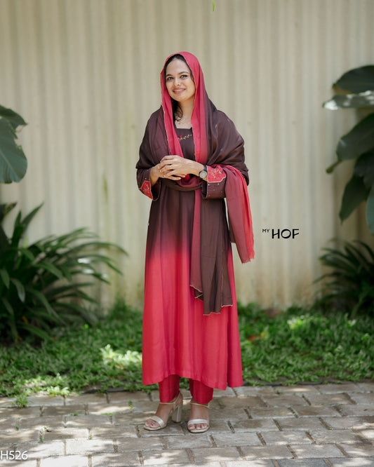 MY HOF Brown And Maroon Dual Shade Suit Set With Hand Embroidery In Muslin (H526)