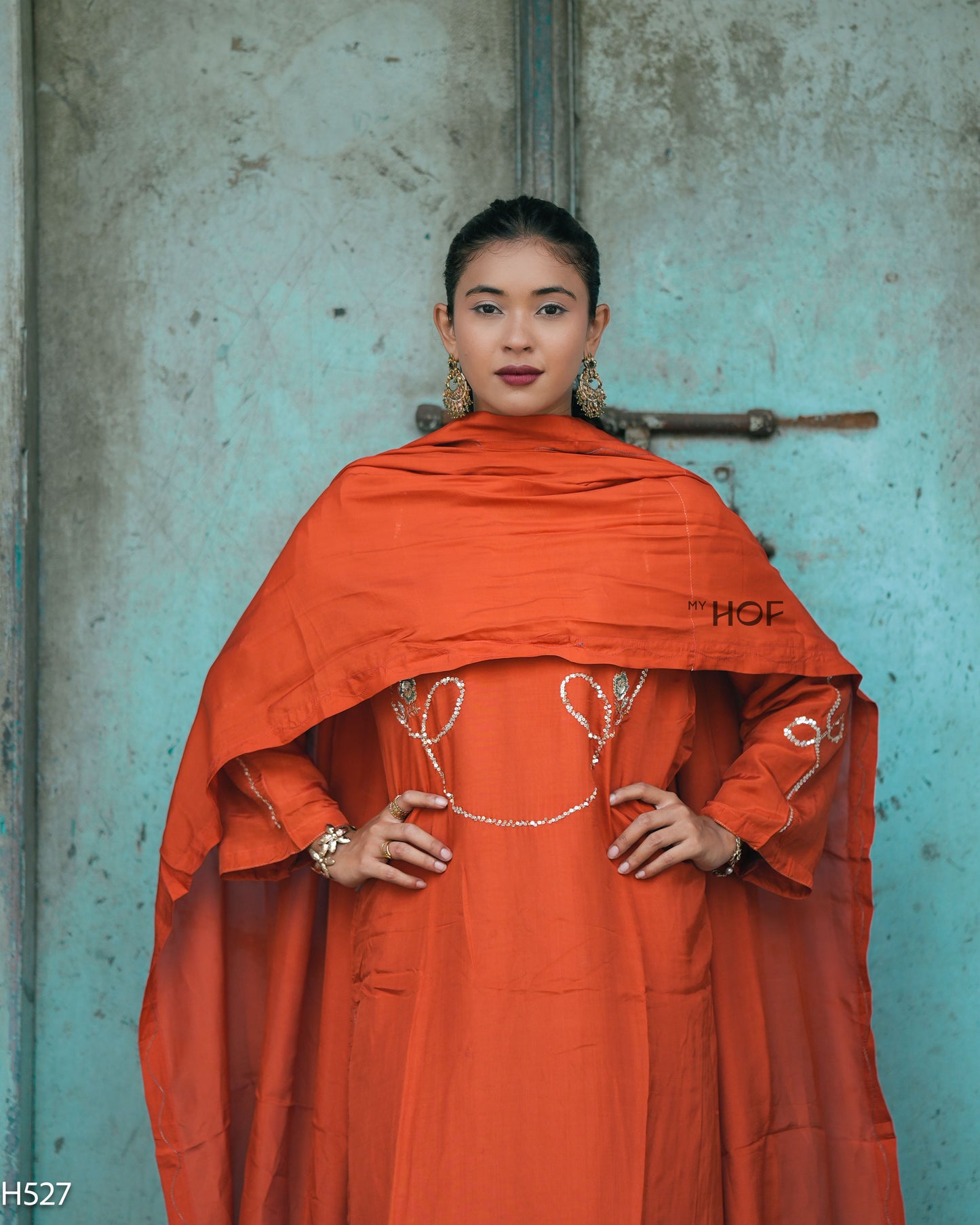 MY HOF Rust Orange Suit Set With Hand Embrpidery In Muslin (H527)