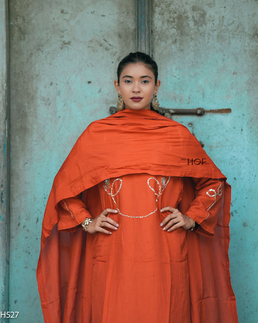 MY HOF Rust Orange Suit Set With Hand Embrpidery In Muslin (H527)