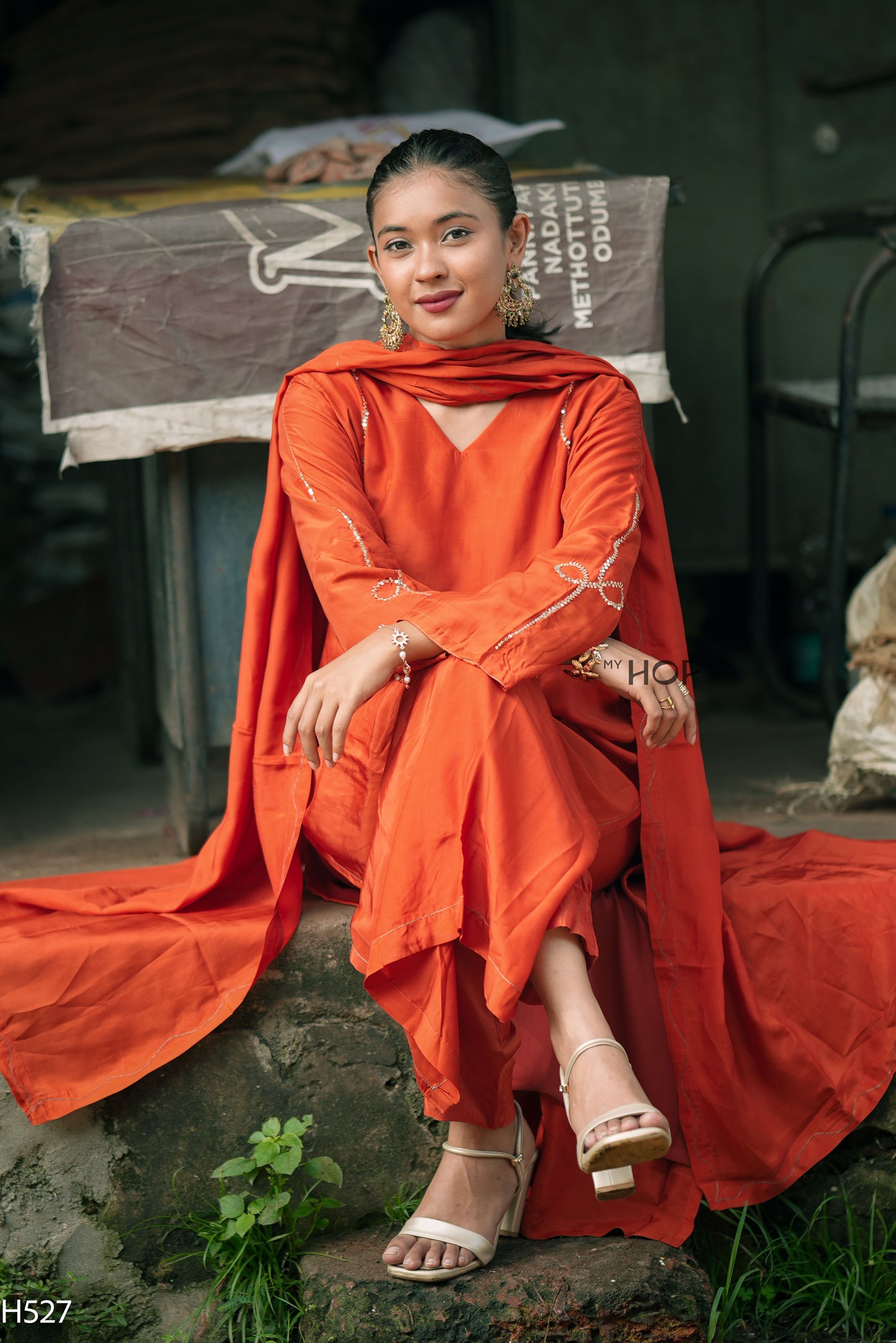 MY HOF Rust Orange Suit Set With Hand Embrpidery In Muslin (H527)