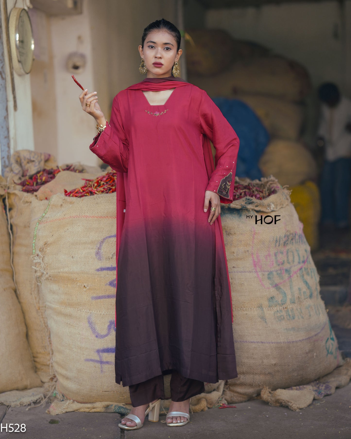 MY HOF Maroon And Brown Dual Shade Suit Set With Hand Embroidery In Muslin (H528)