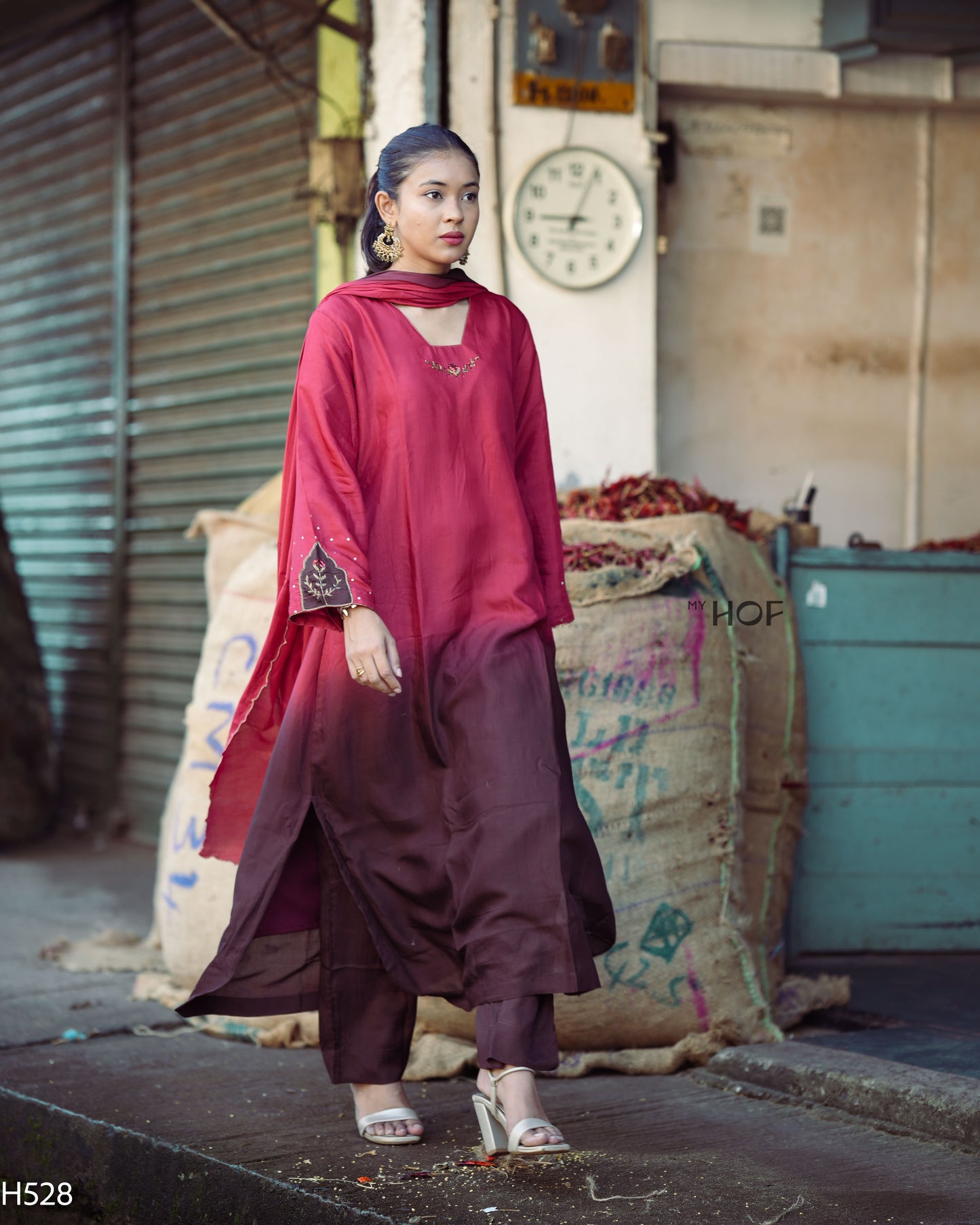 MY HOF Maroon And Brown Dual Shade Suit Set With Hand Embroidery In Muslin (H528)