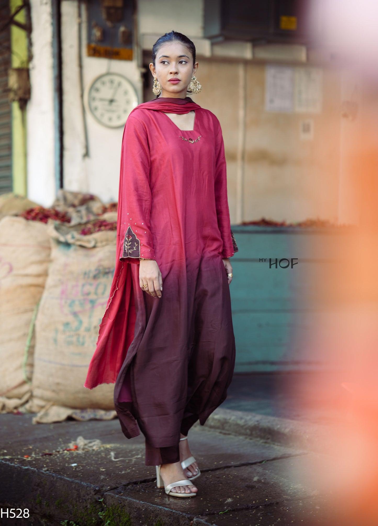 MY HOF Maroon And Brown Dual Shade Suit Set With Hand Embroidery In Muslin (H528)