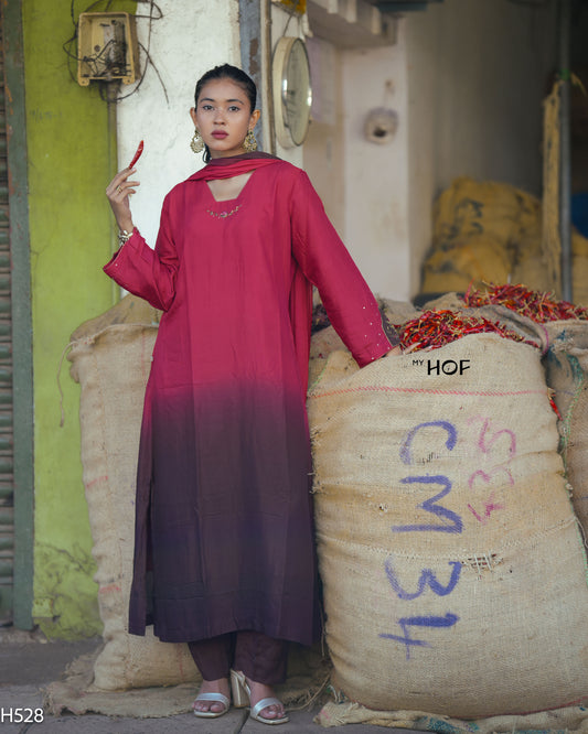MY HOF Maroon And Brown Dual Shade Suit Set With Hand Embroidery In Muslin (H528)